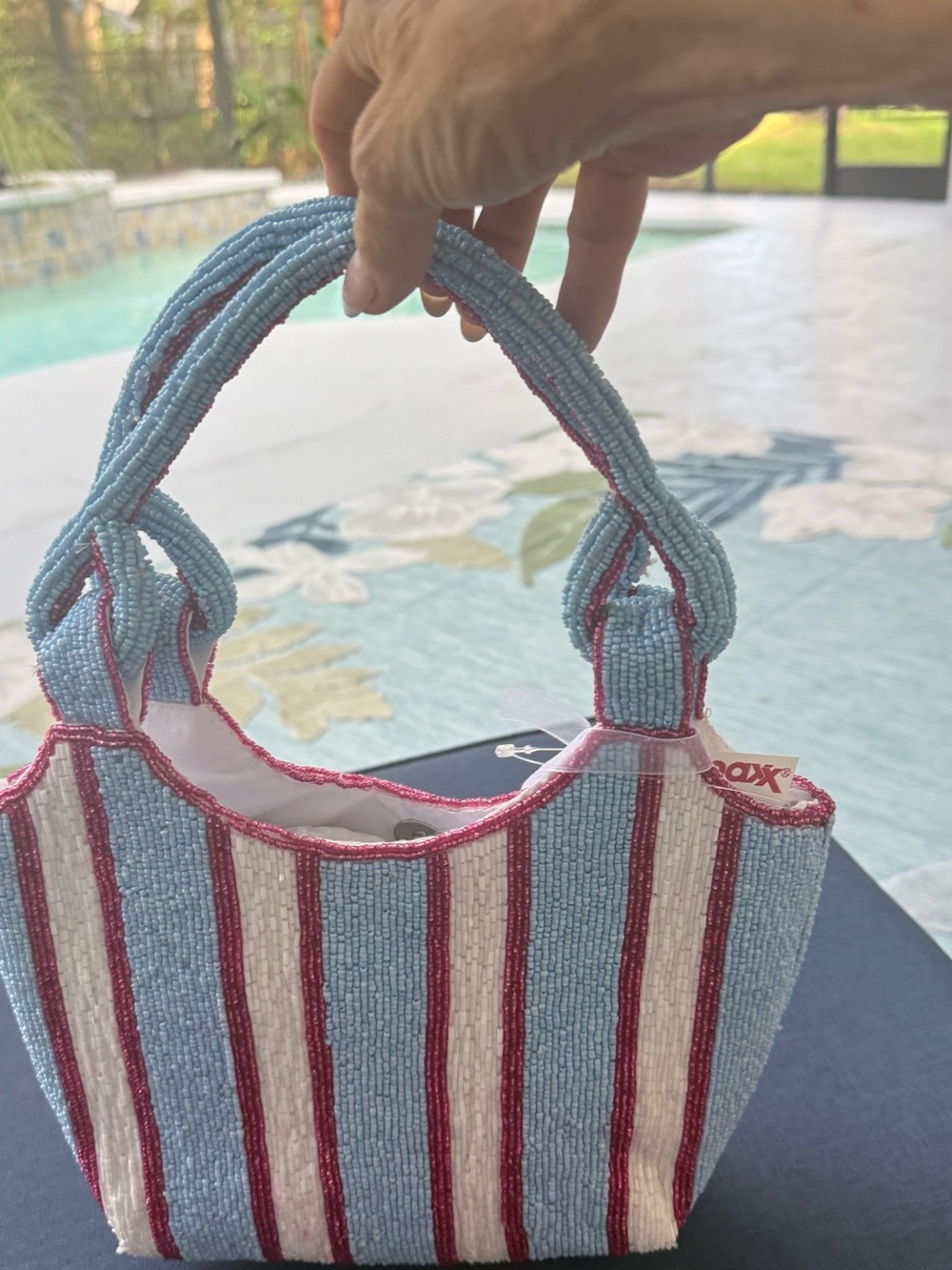 Striped Beaded Mini Tote Bag - Blue, White & Pink